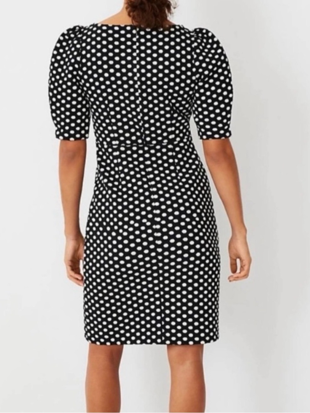 Ann Taylor Polka Dot Pleated Puff Sleeve Sheath Dress Size 10P Black White - Picture 3 of 10